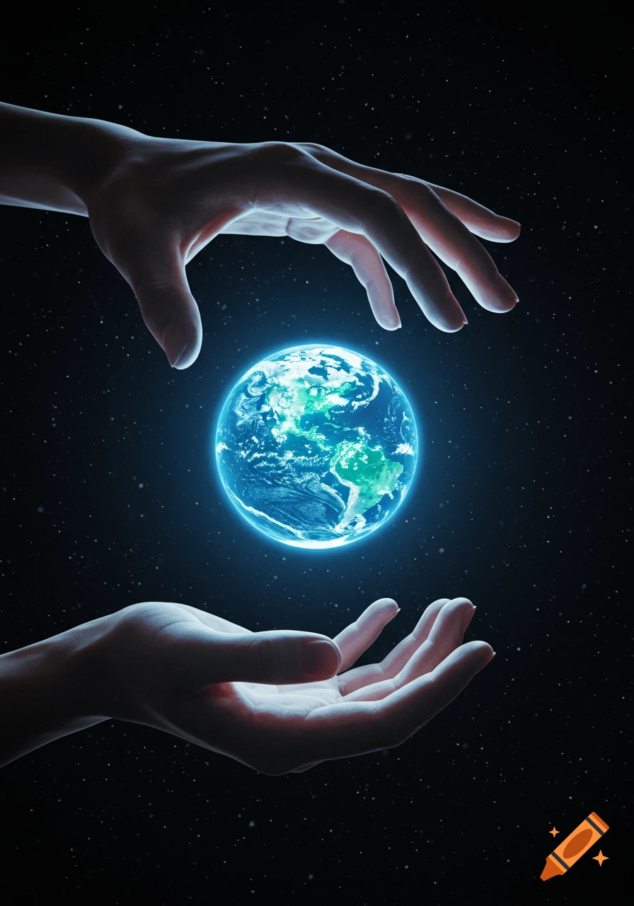 Two hands cradling a glowing blue-green Earth in dark outer space, surrounded by tiny stars.