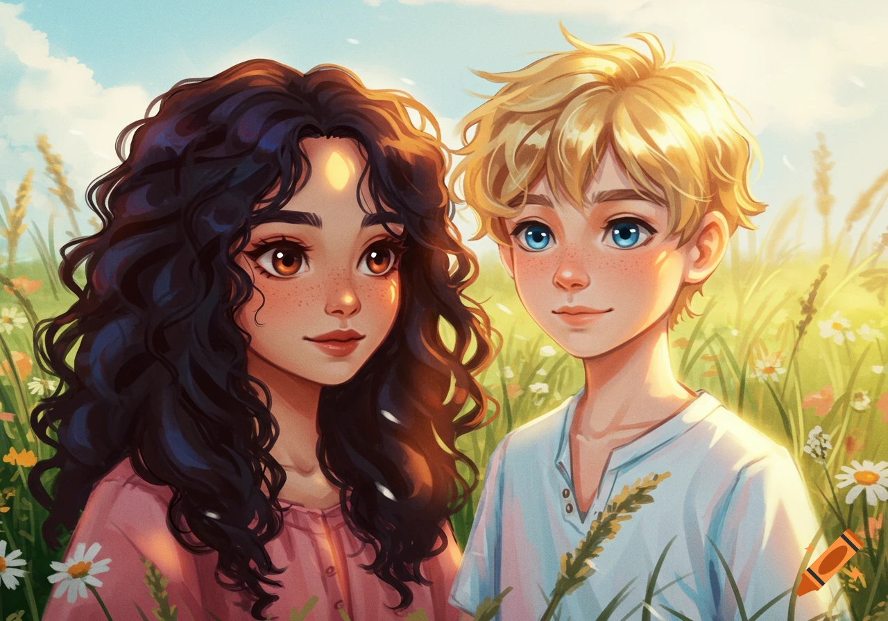 An anime-style girl with dark curly hair and a boy with blonde messy hair and blue eyes stand in a sunny field of wildflowers.