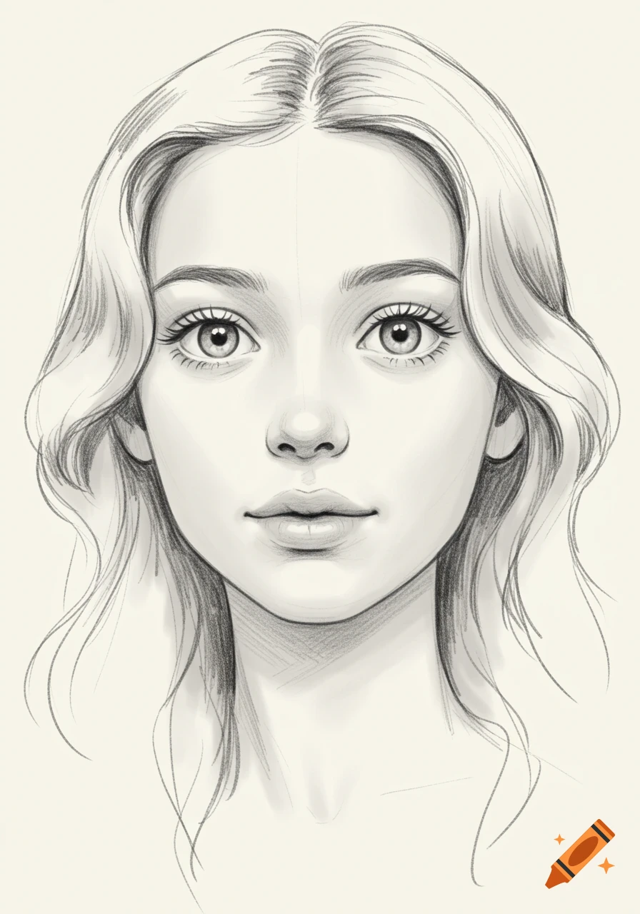 Pencil sketch portrait of a young woman's face with wavy hair looking forward