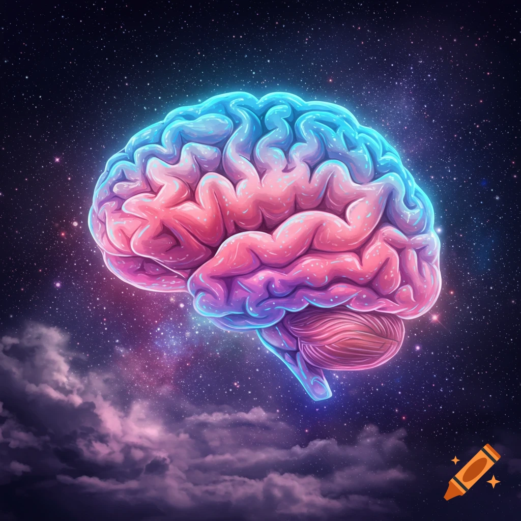 A vibrant, glowing brain, half blue and half pink/purple, floating in a starry cosmic sky with nebula clouds.