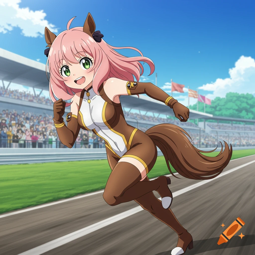 An anime horse girl with pink hair and green eyes runs on a race track, wearing a brown and white uniform.