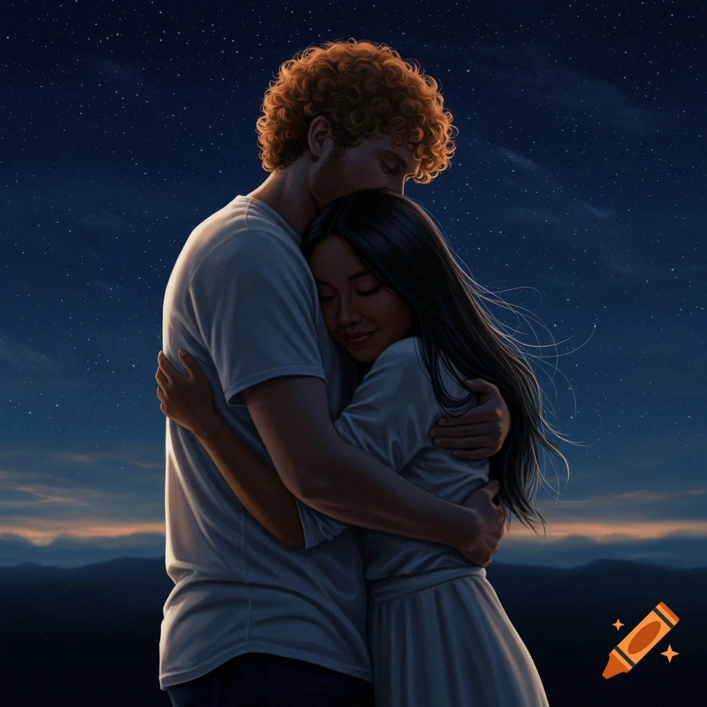 A mixed couple, a man with curly red hair and a woman with long dark hair, embracing lovingly under a starry night sky.