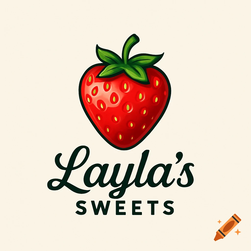 A logo featuring a stylized red strawberry with green leaves above the text "Layla's SWEETS" on a cream background.