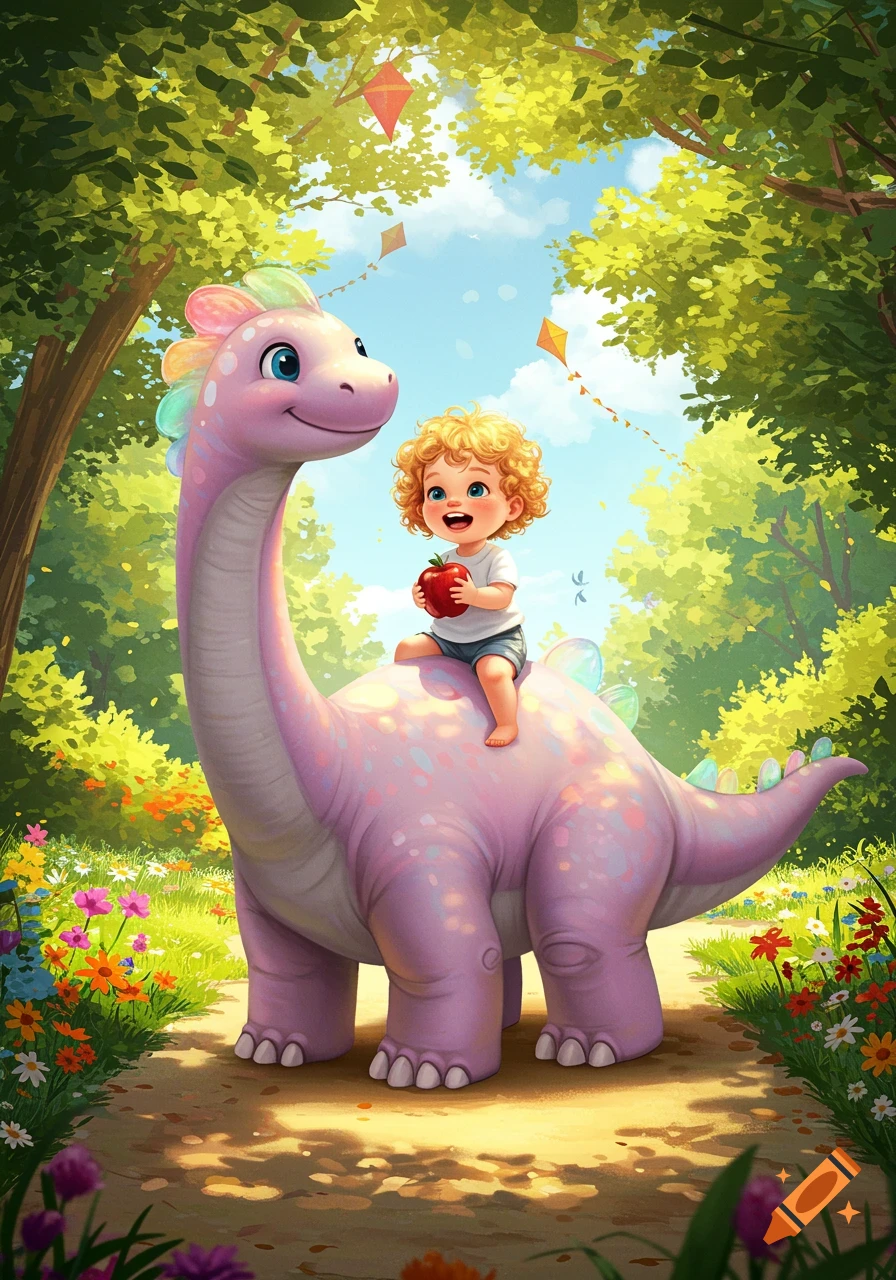 Cheerful cartoon illustration of a curly-haired child riding a friendly pink dinosaur through a sunny park with flowers and kites, holding an apple.