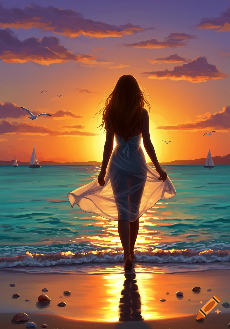 A woman in a white dress walks into the ocean at sunset, with sailboats and birds in the vibrant sky, digital art.