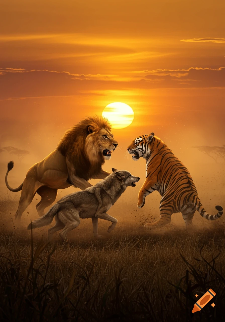 A fierce lion, tiger, and wolf confront each other in a grassy savanna at sunset, with a large bright sun.