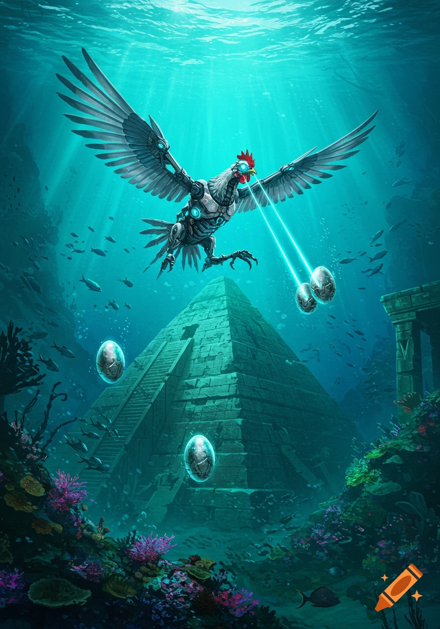 A cybernetic chicken with laser eyes flies over ancient underwater pyramids, dropping glowing metal eggs. Digital art.