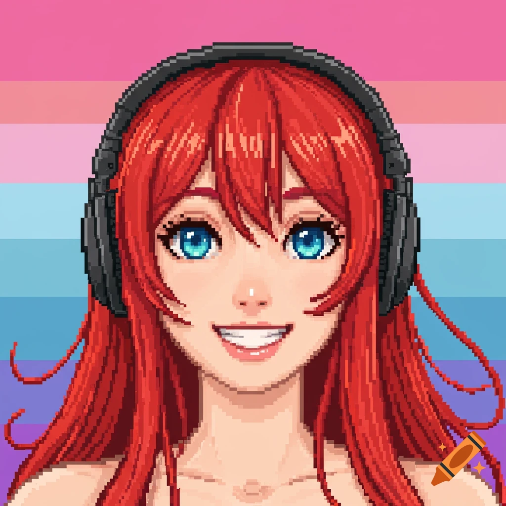 Pixel art portrait of a smiling girl with long red hair and blue eyes, wearing headphones.