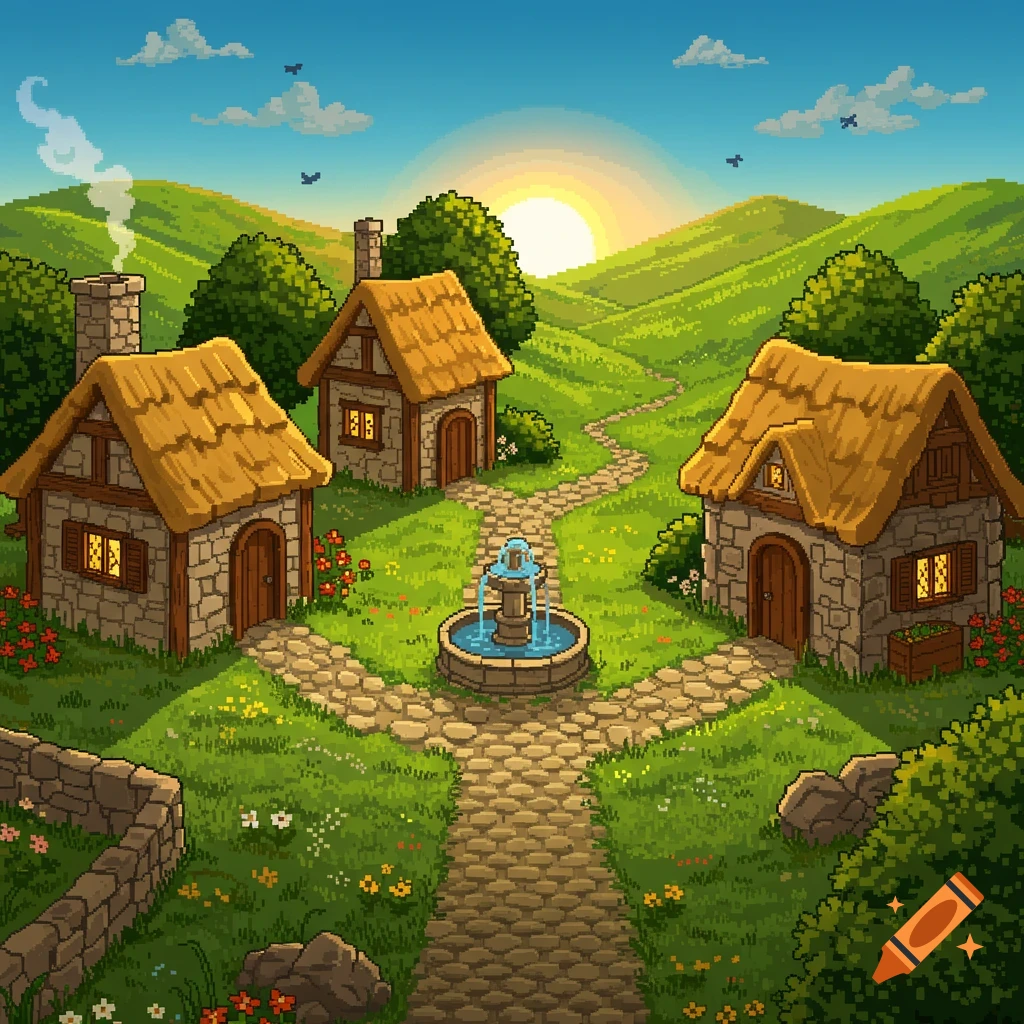 Vibrant pixel art depicts a small village with three stone houses, thatched roofs, a fountain, green hills, and a sunrise.
