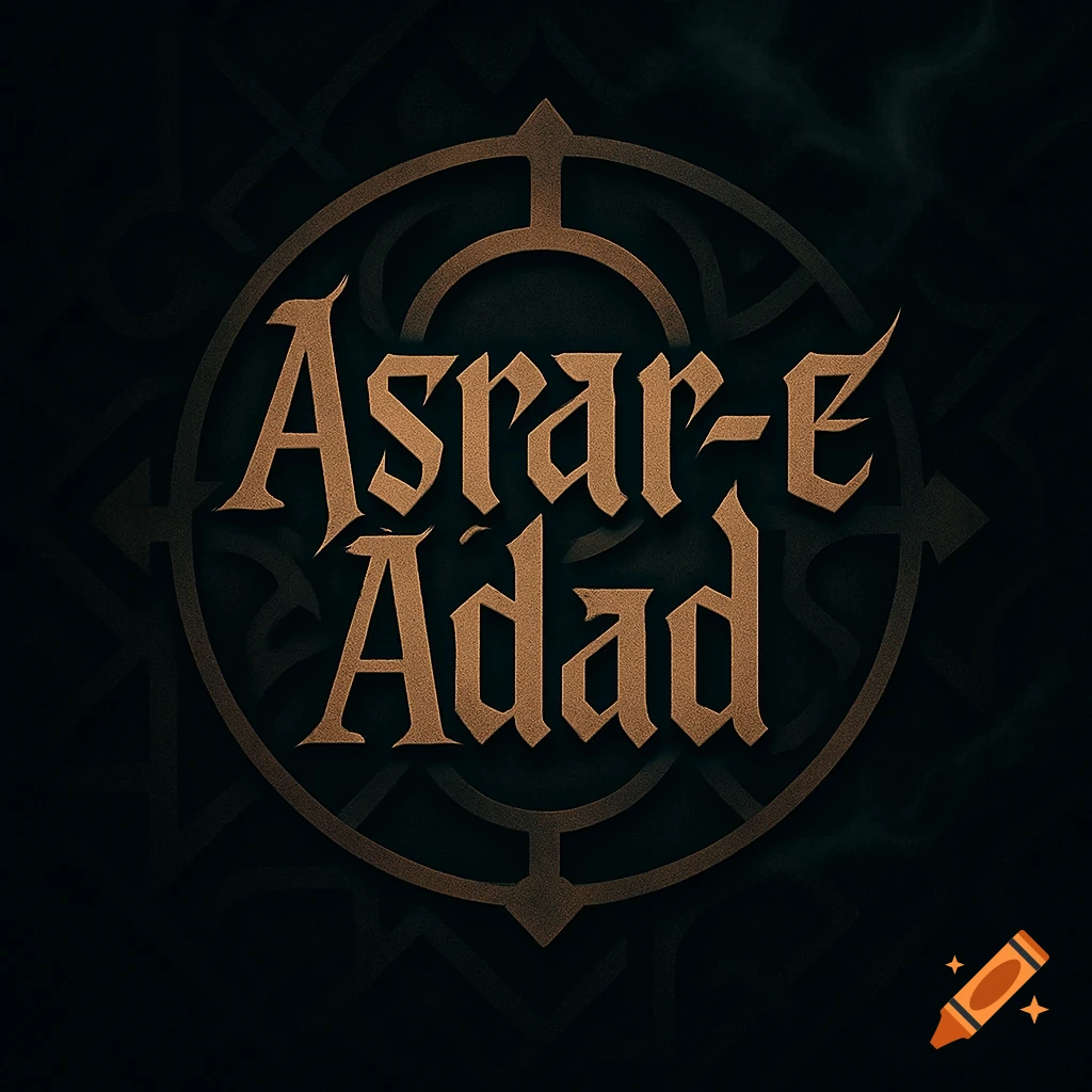 Mystical logo with golden 'Asrar-e Adad' text over a dark geometric pattern.
