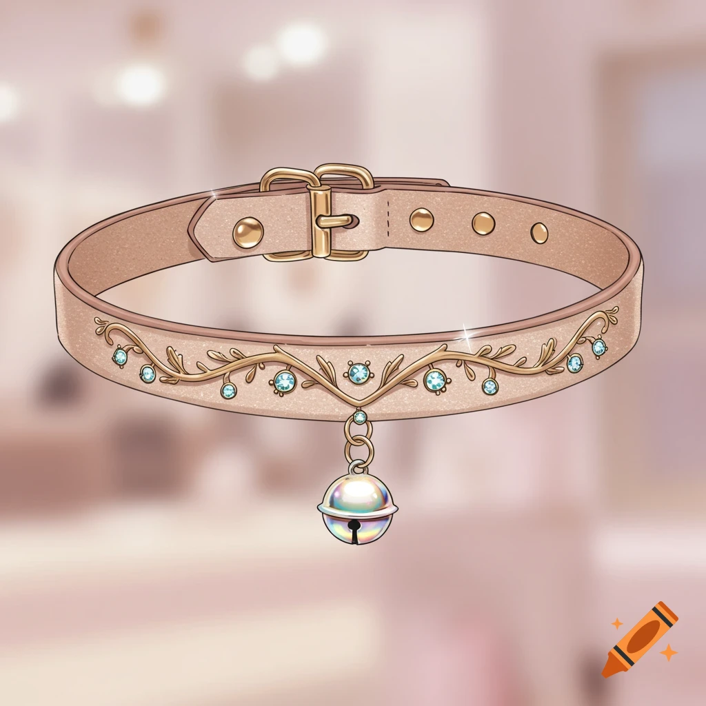 A beige cat collar with a gold buckle, gold filigree, blue gemstones, and an iridescent silver bell.