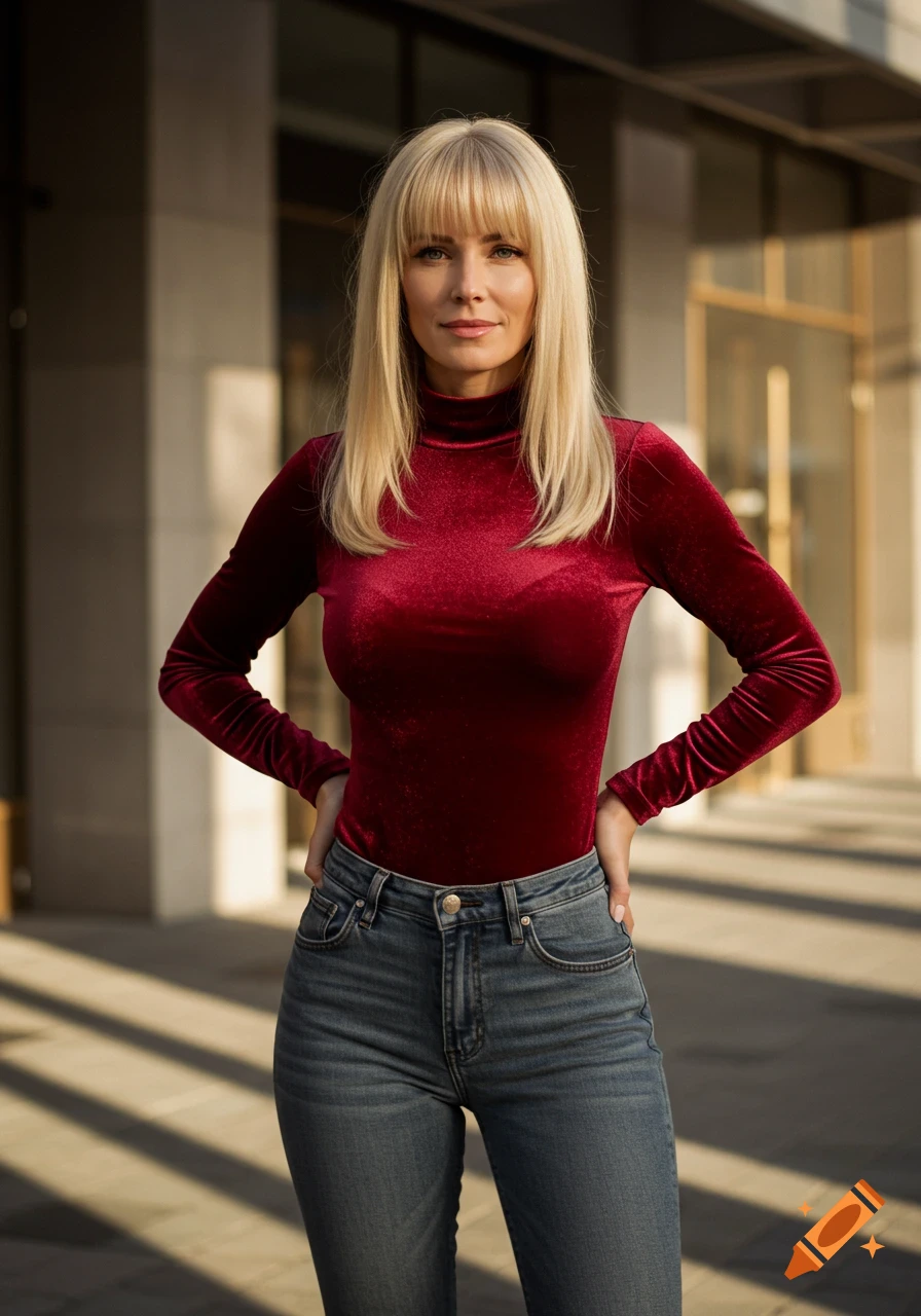 A woman with blonde hair and bangs, wearing a red velvet turtleneck and jeans, stands with hands on hips in an urban setting.