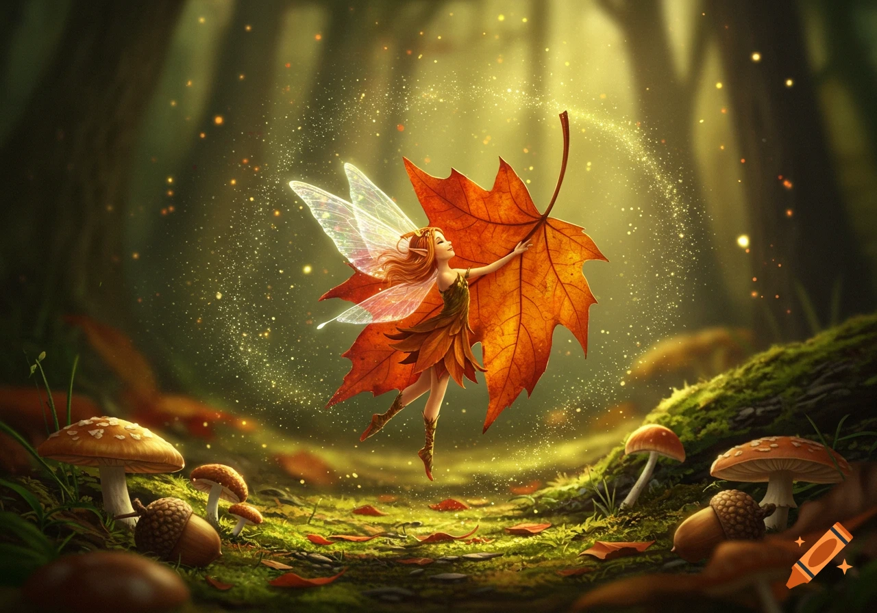 A magical fairy with translucent wings dances with an autumn maple leaf in a glowing forest with mushrooms.