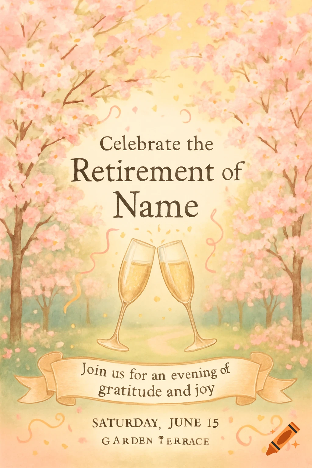 Watercolor retirement party invitation with pink cherry blossoms, two champagne flutes toasting, and event details.