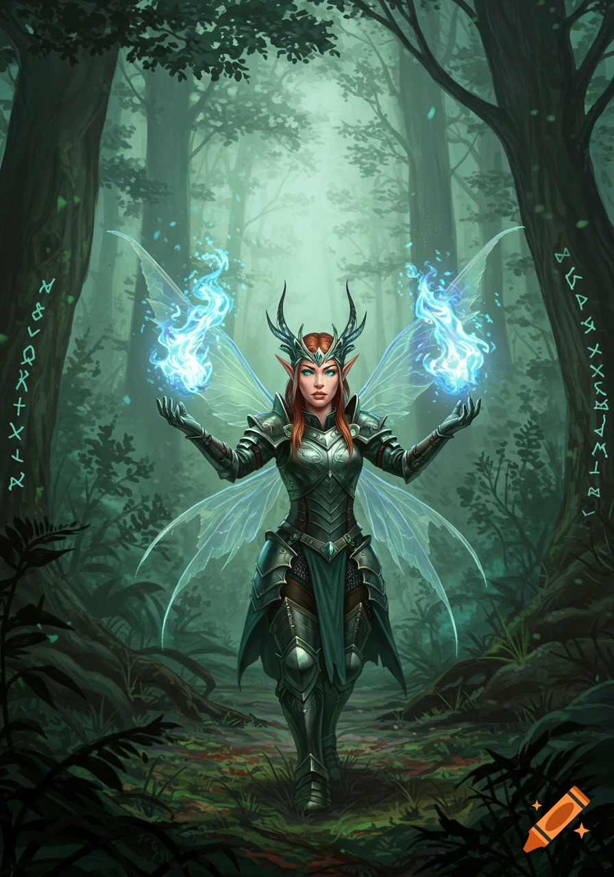A fantasy warrior pixie with red hair and armor, holding blazing blue magic fire in a misty forest.