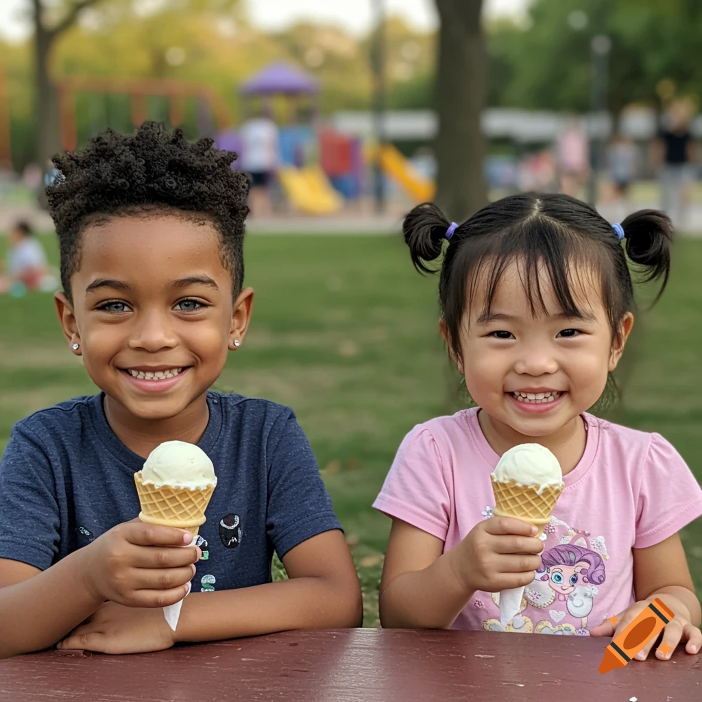 Two smiling children, a boy and a girl, sit at a table in a park, each holding a vanilla ice cream cone.