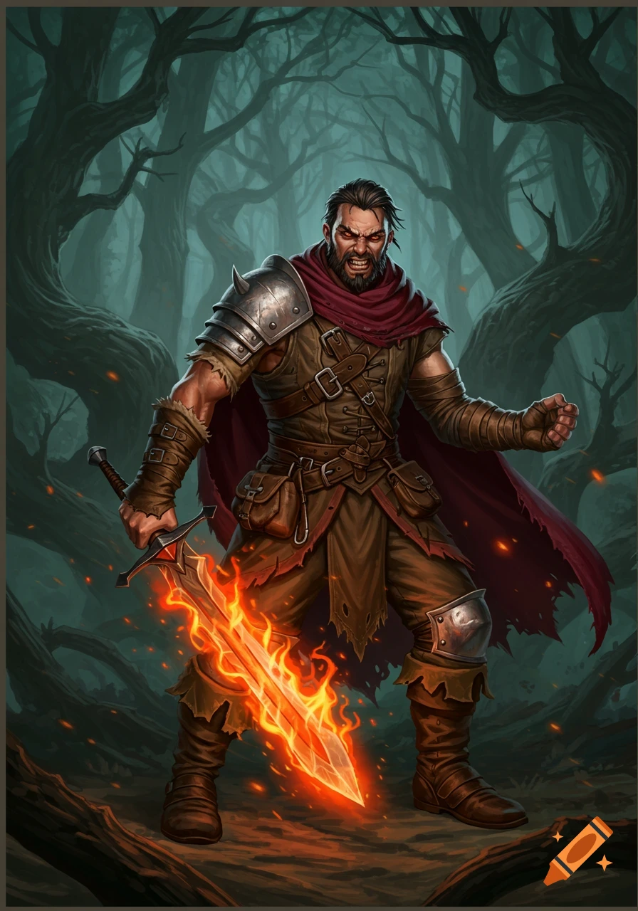 Fierce D&D style male warrior in armor with a flaming sword in a dark, gnarled forest.