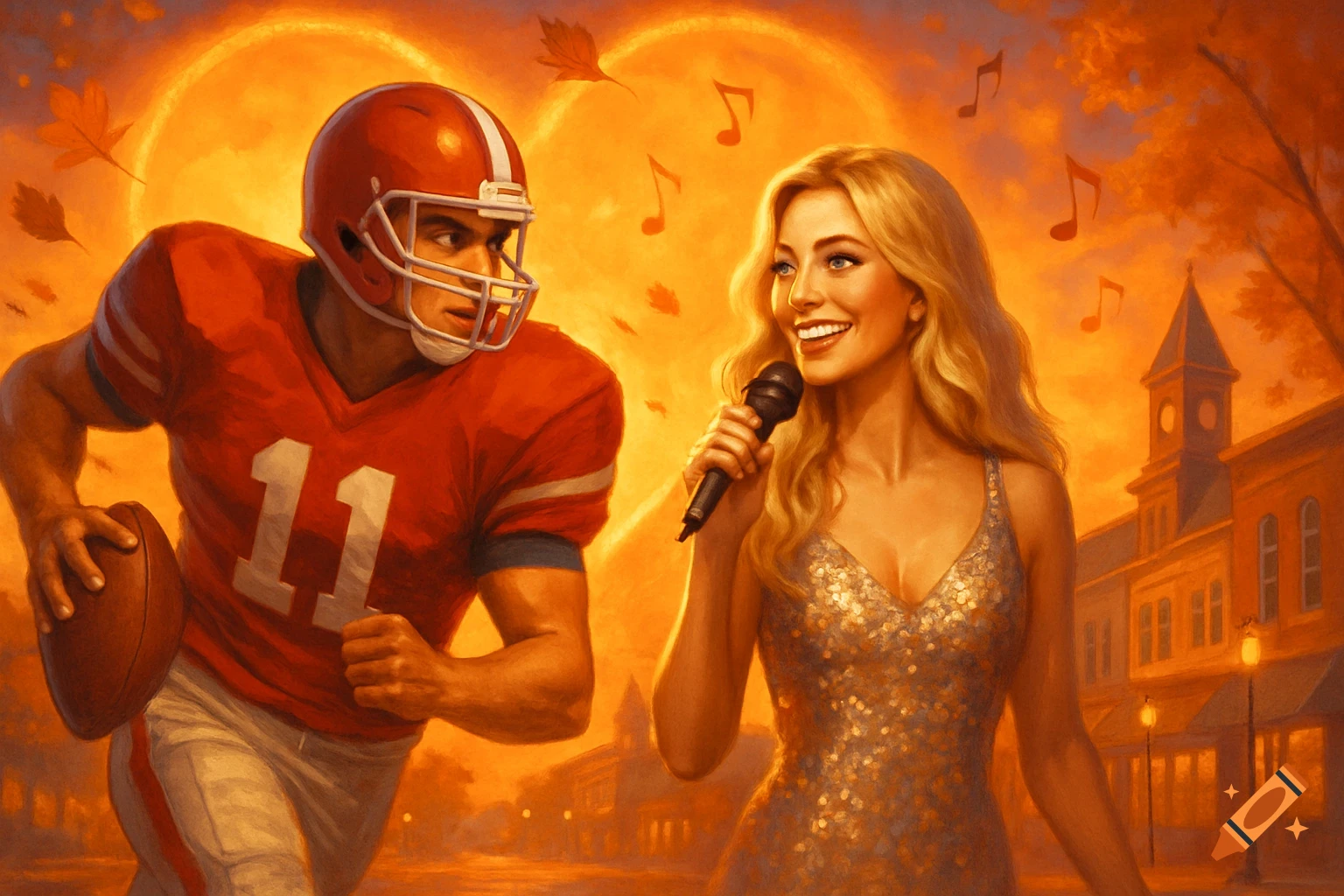 A painterly image of a football player running alongside a smiling pop star holding a microphone, with a warm, autumnal, heart-shaped sky.