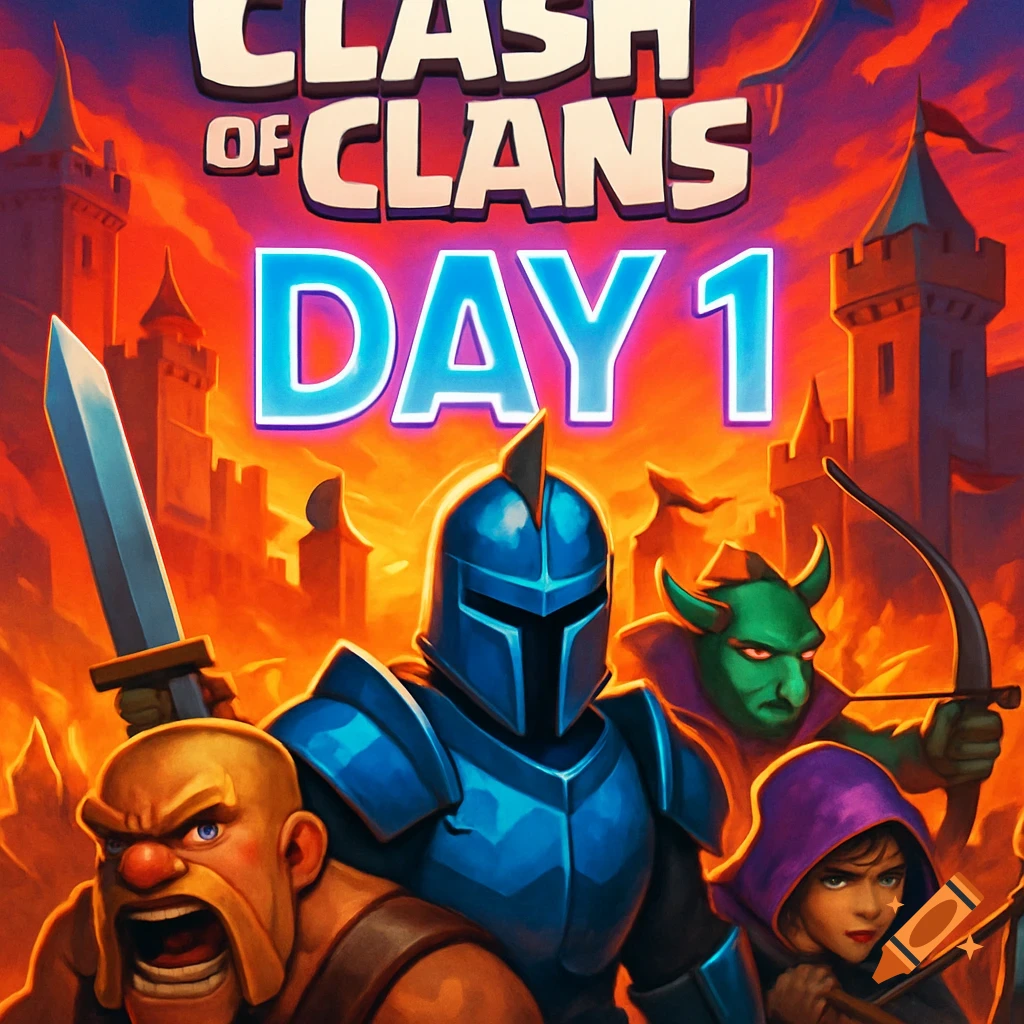 Clash of Clans characters including a knight, barbarian, goblin, and archer stand before a castle under a fiery sky, with 'CLASH OF CLANS DAY 1' text.
