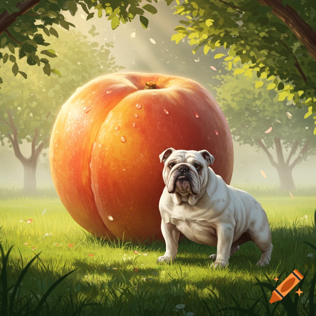 A white bulldog stands next to a giant peach covered in dewdrops in a sunlit forest clearing.