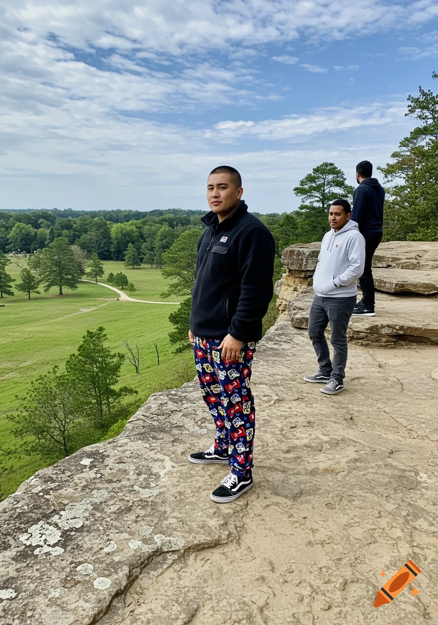 Three men standing on a rocky cliff overlooking a vast green valley with trees under a partly cloudy sky.