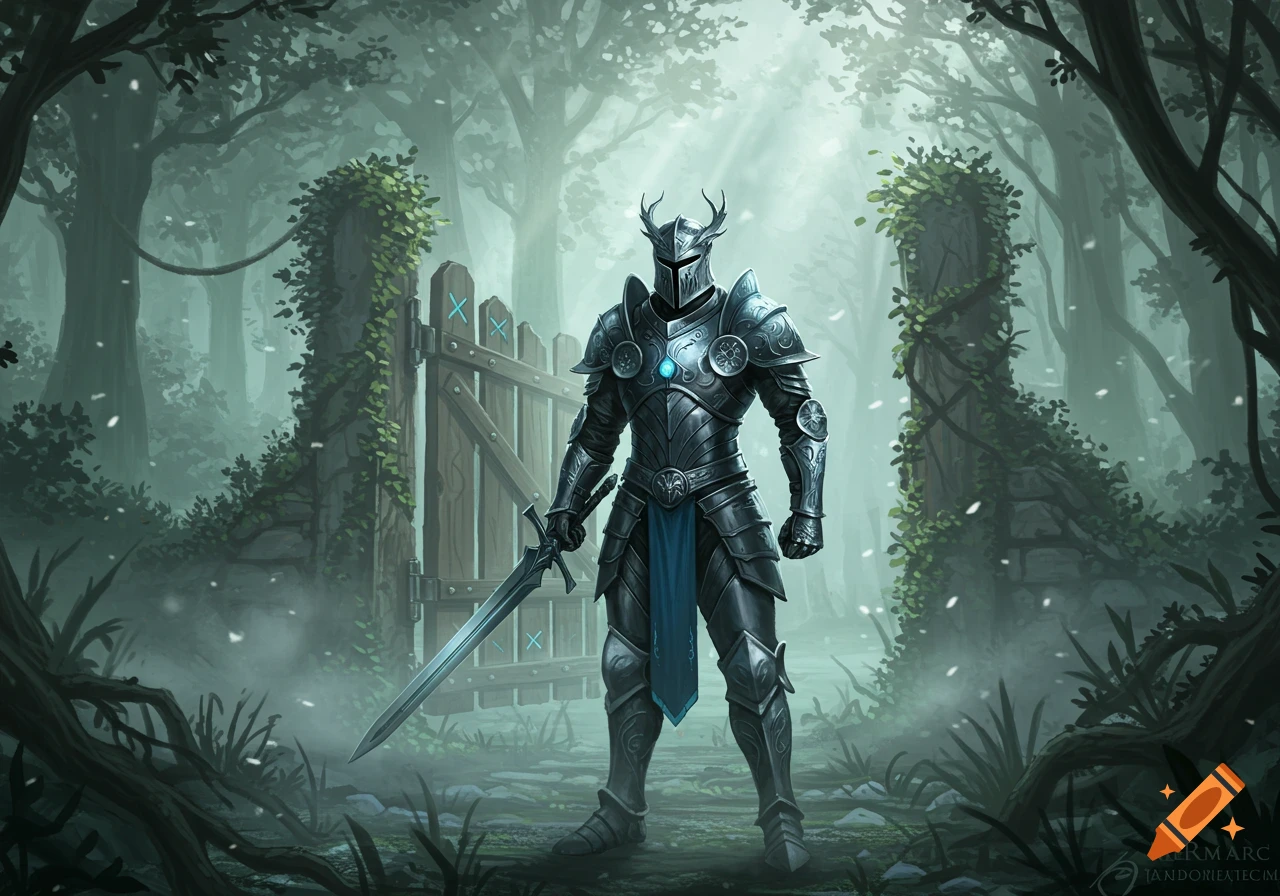 A silver-blue armored sentinel stands in a misty, overgrown forest, guarding an ancient wooden gate, in a fantasy digital illustration.