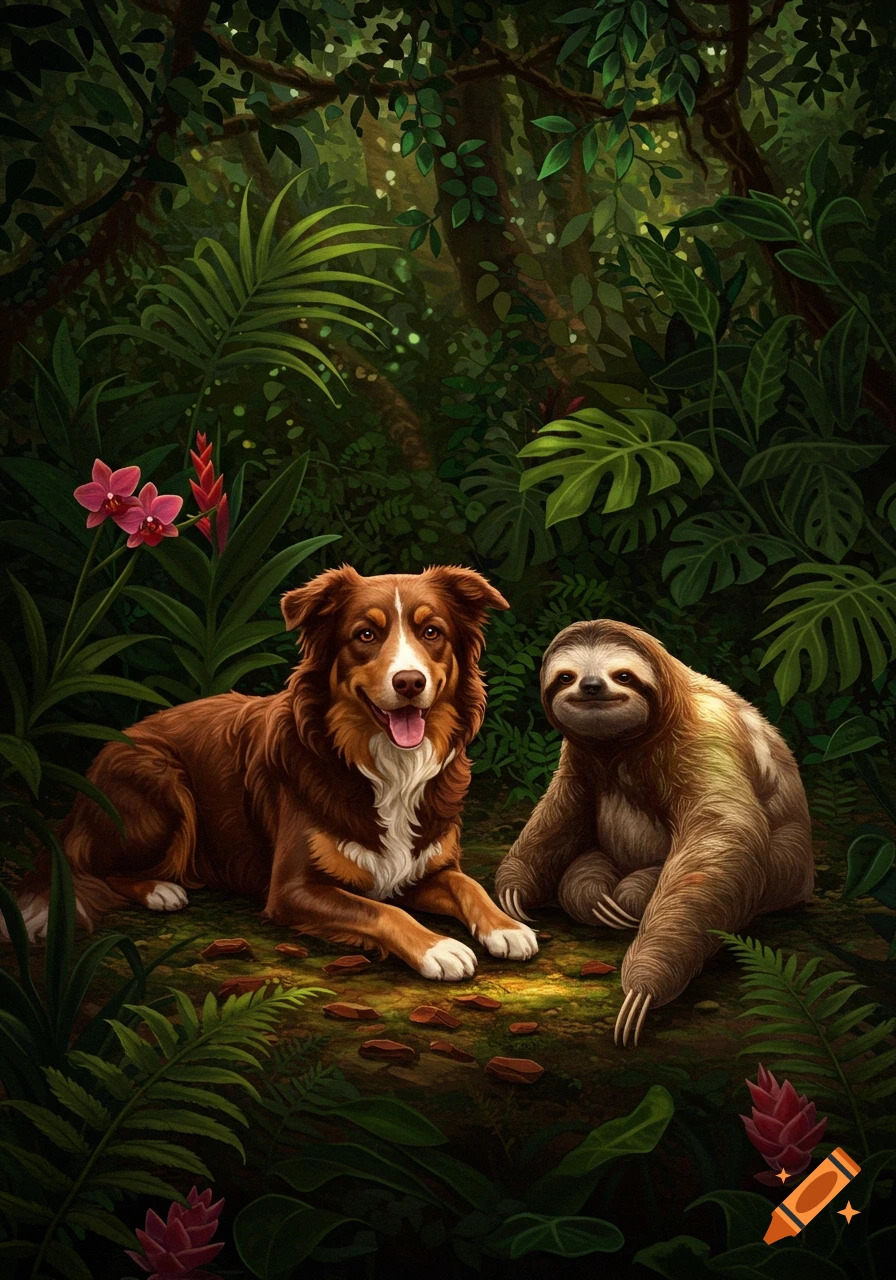 A brown and white dog lies next to a sloth in a lush, green jungle illustration.