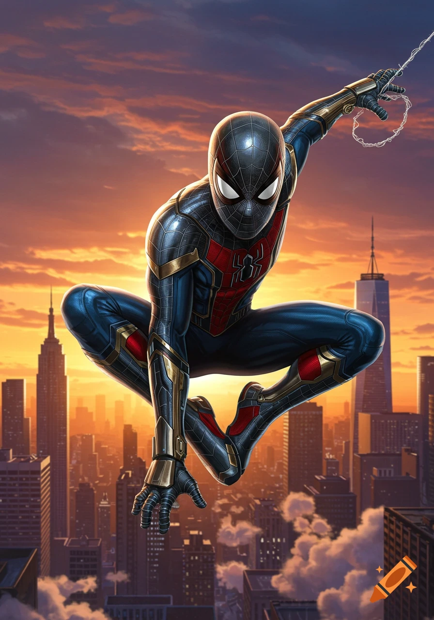 Spider-Man in a black, blue, and gold suit leaps heroically above a city skyline at sunset, ready to swing.