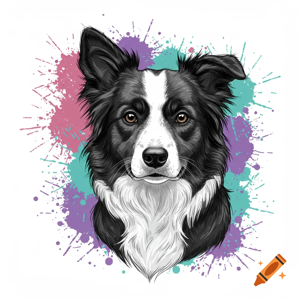 A head portrait of a black and white Border Collie with perky ears and a slight head tilt, set against vibrant pink, purple, and teal paint splatters in a tattoo art style.