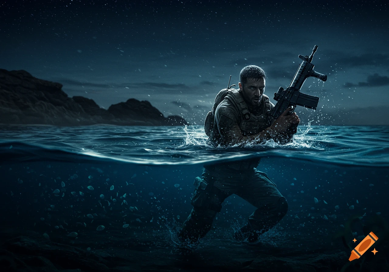 Photorealistic Navy Seal emerges from dark water at night, holding a rifle, with rocky coast in background.