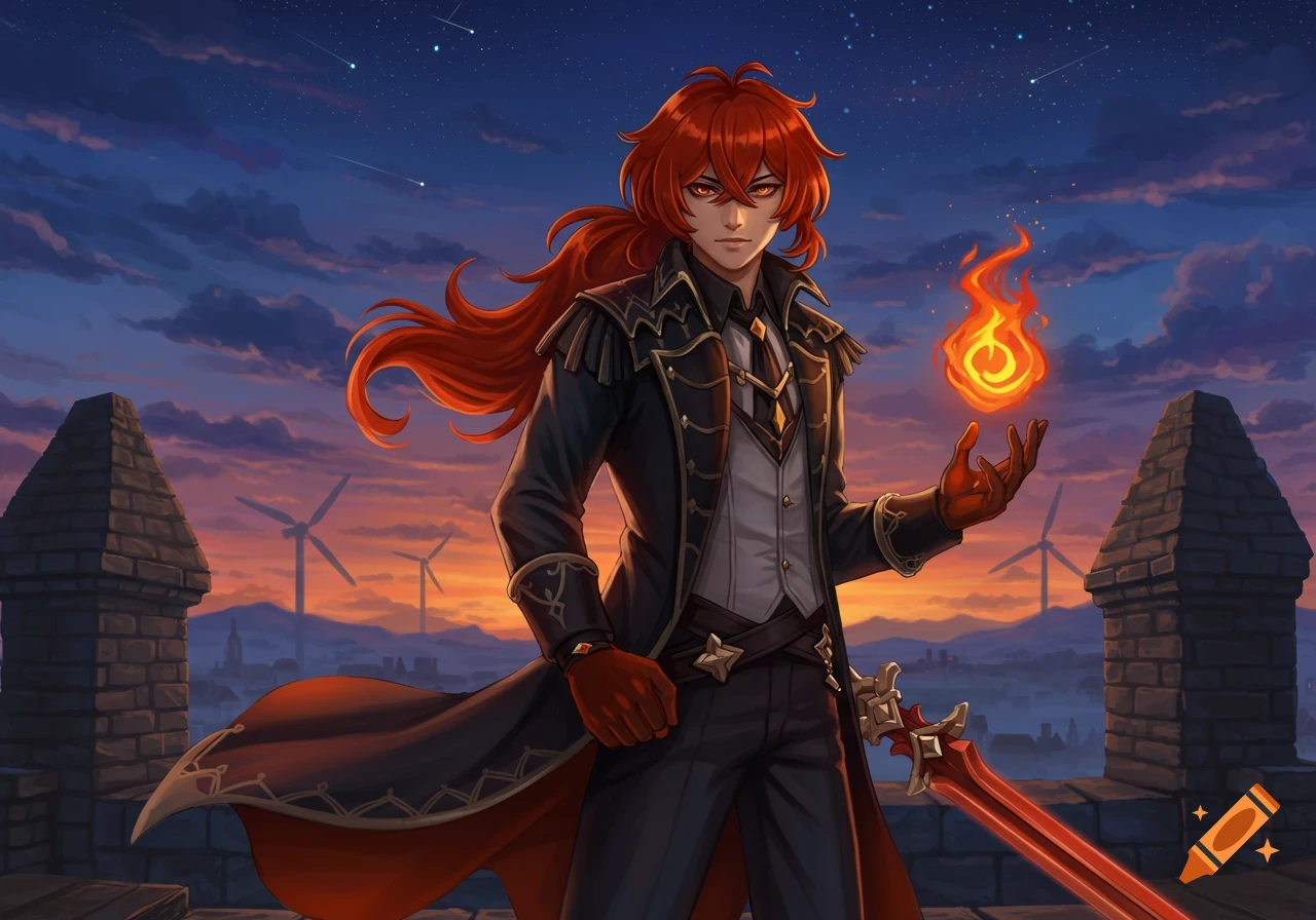 Anime-style Diluc from Genshin Impact stands on a rooftop at sunset, holding a glowing fire orb, with windmills in the background.