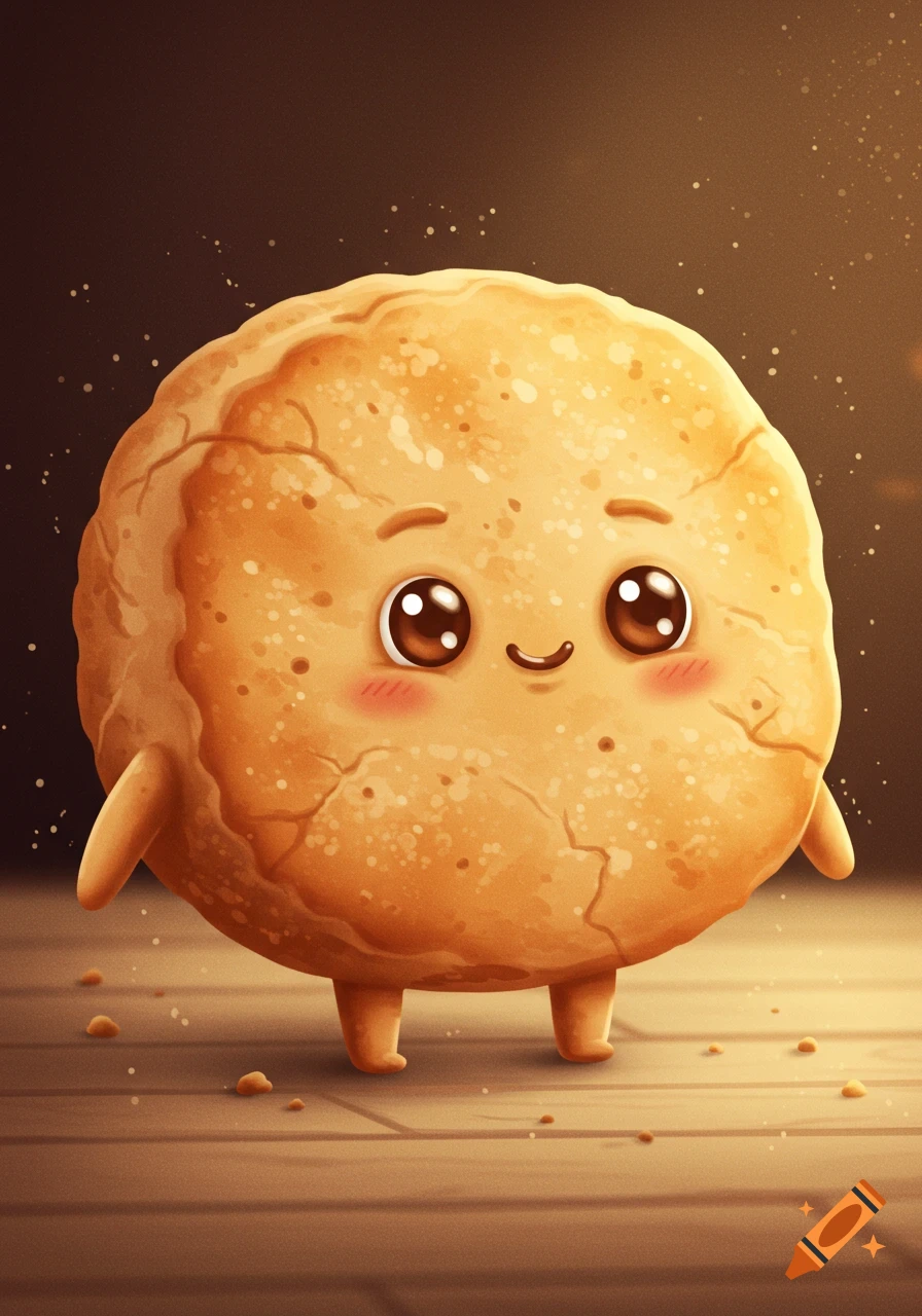Cute, cartoonish, golden-brown buttermilk biscuit character with big eyes, rosy cheeks, and a smile, standing on a wooden surface.