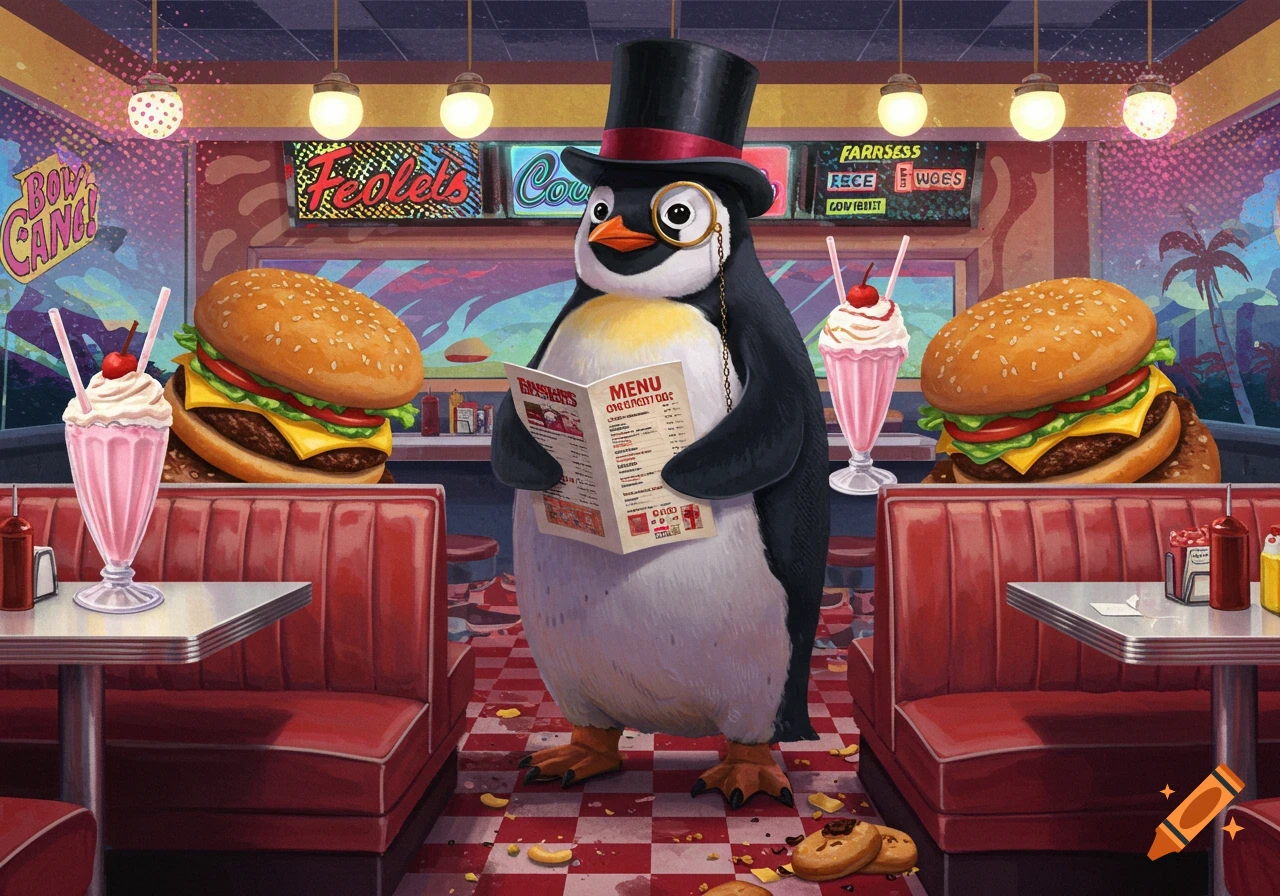 A stylized cartoon penguin in a top hat and monocle stands in a retro diner, holding a menu, flanked by large burgers and milkshakes.