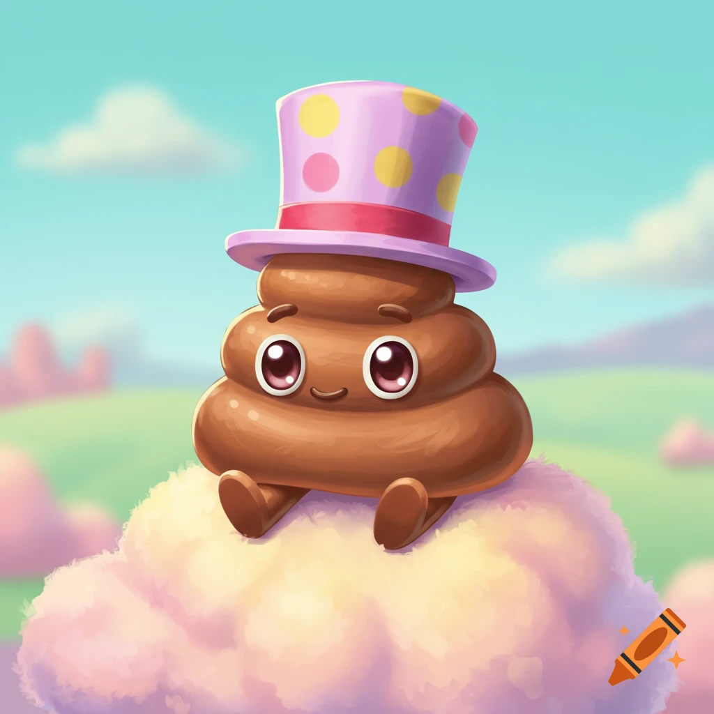 A cute, smiling cartoon poop character with a pink polka-dot top hat, sitting on a fluffy cloud under a blue sky.