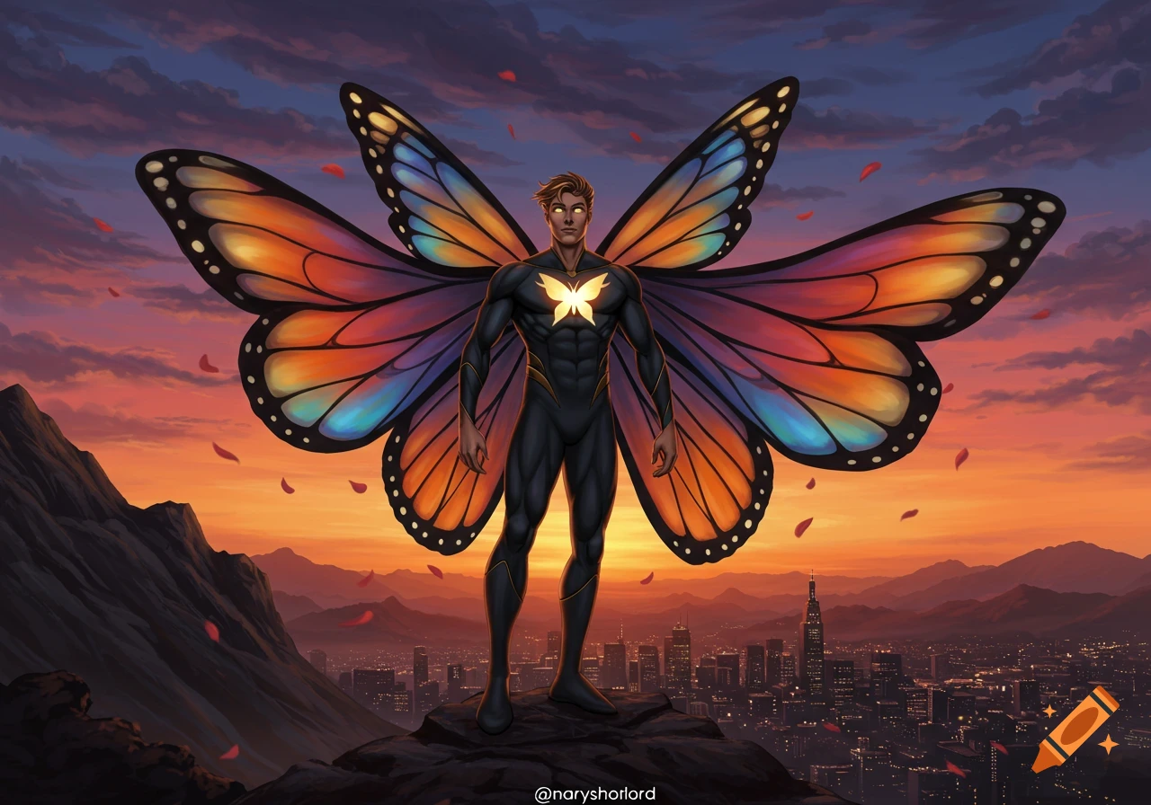 A muscular male superhero with large, vibrant monarch butterfly wings stands on a mountain overlooking a city at sunset, digital art.