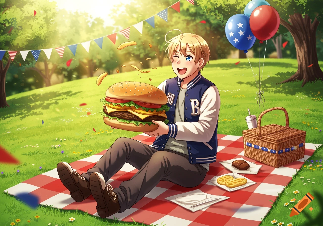 Anime boy holding a giant burger at a sunny picnic in a park with patriotic decorations.