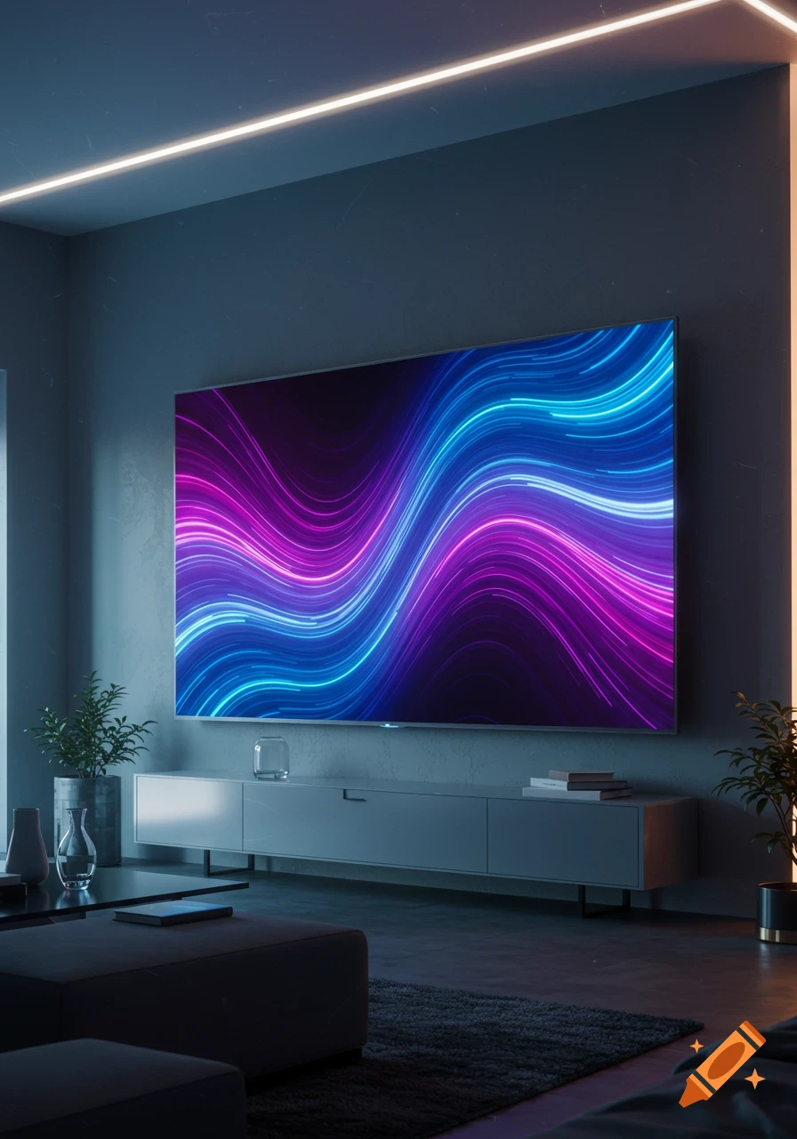 A modern living room with a large flat-screen TV displaying abstract blue and purple neon waves. The room has dark walls, linear lighting, and potted plants.