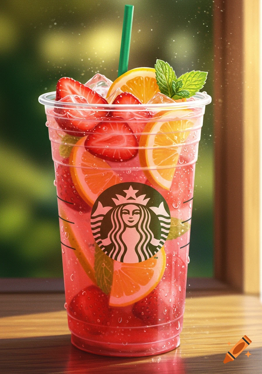A clear plastic cup of pink Starbucks refresher drink with strawberries, orange slices, mint, and ice cubes, with a green straw.