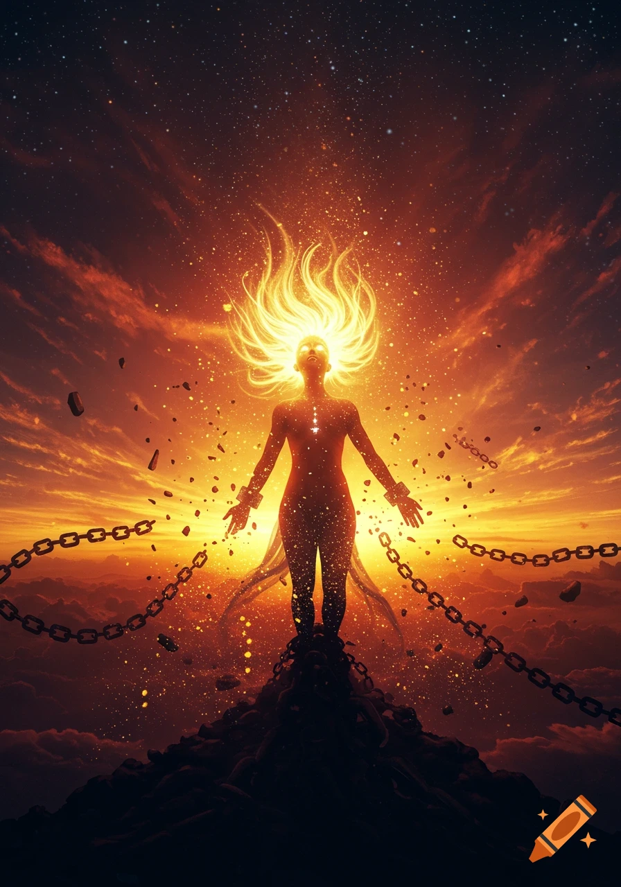 A radiant, silhouetted figure with fiery hair stands on a mound, breaking free from chains under a dramatic, star-filled, fiery orange sky.