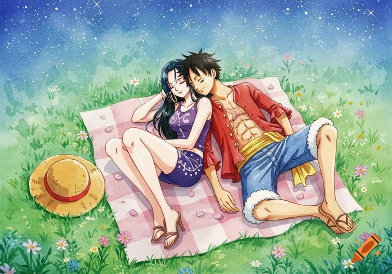 Watercolor painting of anime characters Luffy and Hancock sleeping on a picnic blanket under a starry night sky.