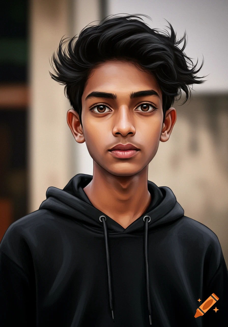 Stylized illustration of a young Indian boy with tanned skin, messy black hair, and brown eyes, wearing a black hoodie.