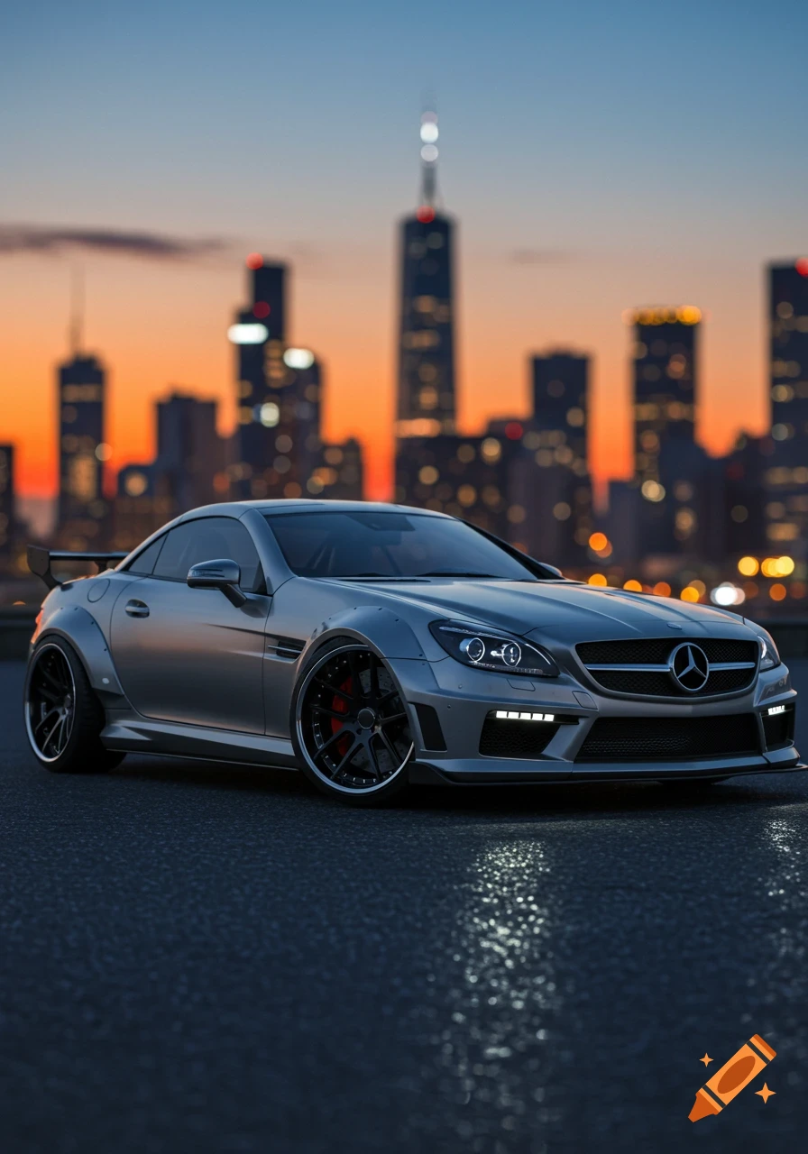 A sleek silver Mercedes-Benz SLC wide body car is parked on an asphalt street with a blurred city skyline at sunset in the background.