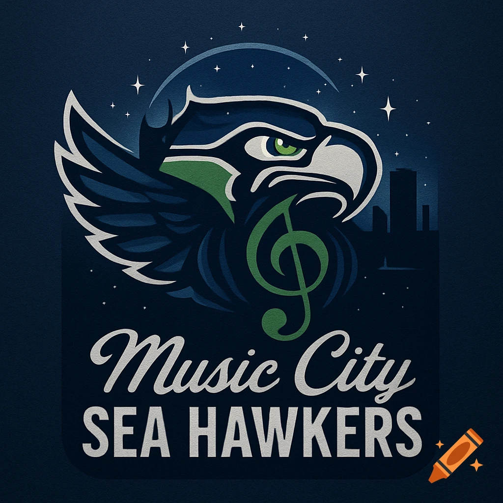 A dark blue logo featuring a stylized white and green seahawk head with a treble clef, city skyline, and stars, with the text 'Music City SEA HAWKERS'.