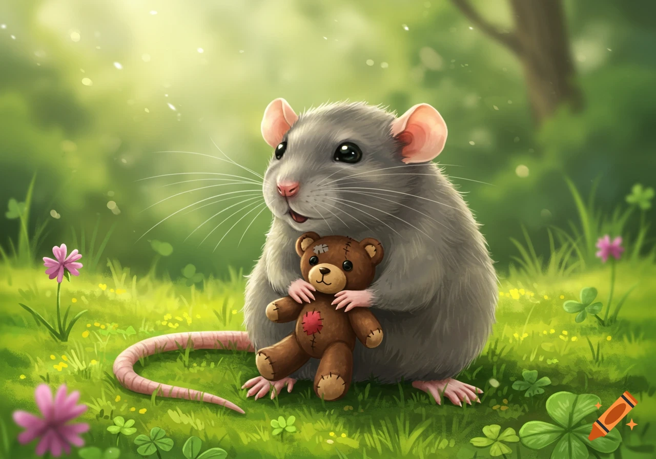 A cute gray rat sits in green grass, holding a small brown teddy bear, in a sunny, illustrated forest scene.