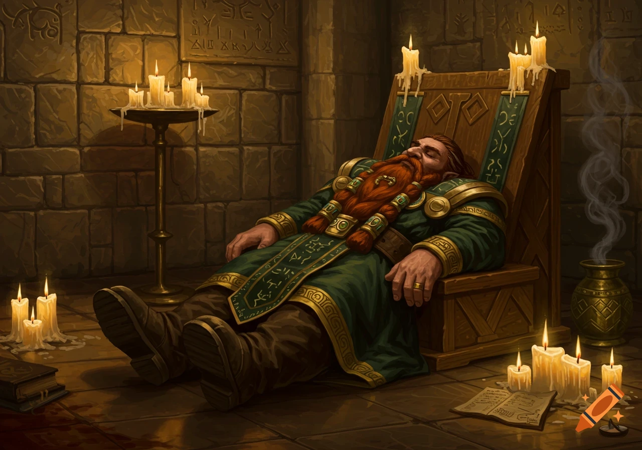 A red-bearded dwarf cleric in green robes slumped against a wooden lectern on the floor, surrounded by lit candles in a stone chamber, fantasy art.