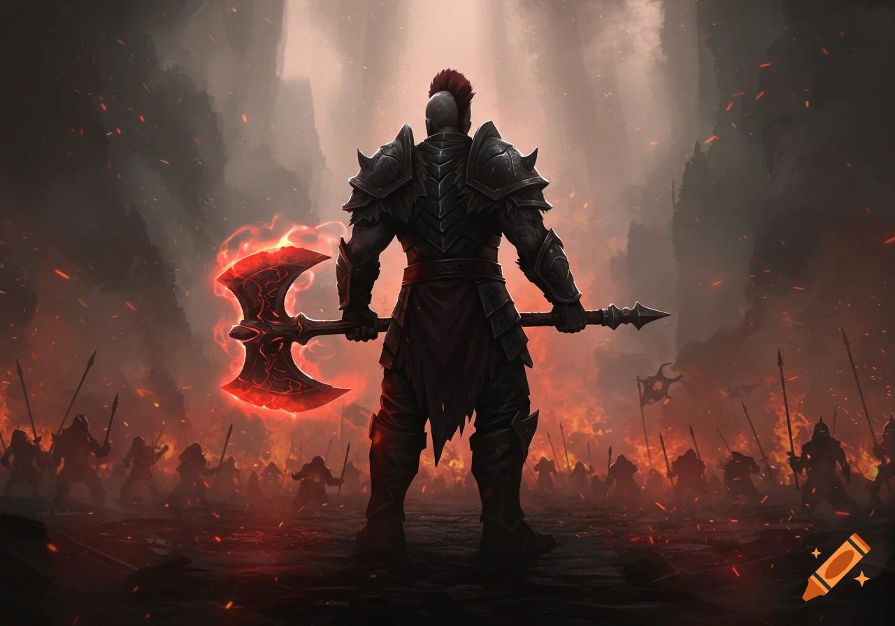 Heavily armored warrior with a glowing red axe on a fiery dark fantasy battlefield, viewed from behind. Digital painting.