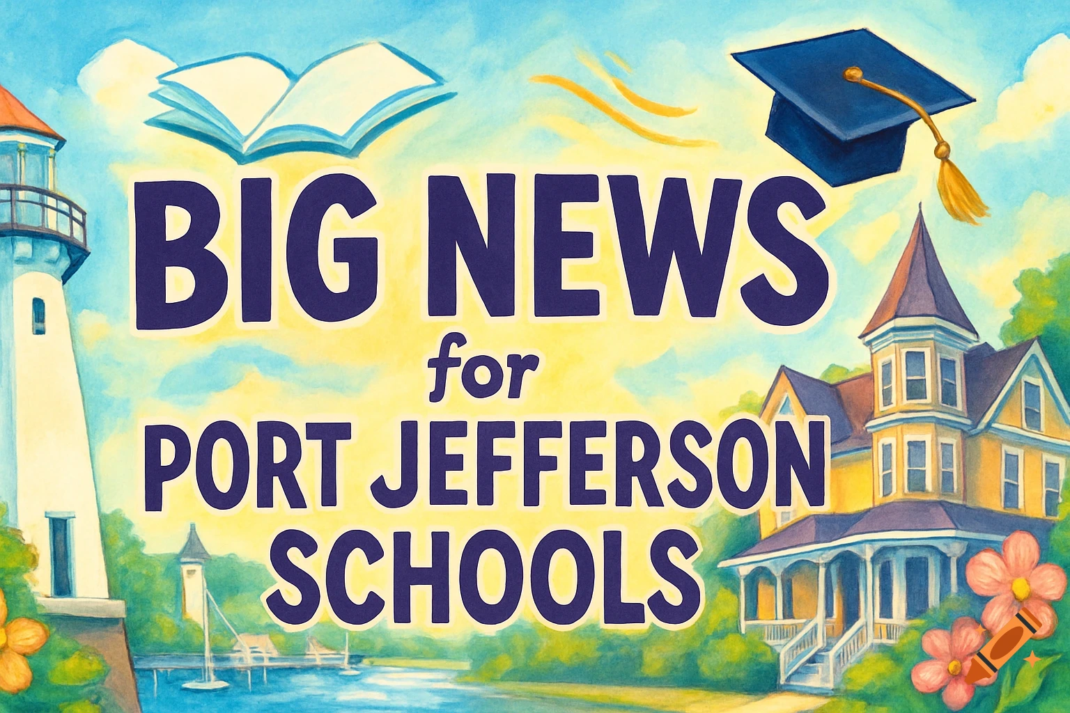 Watercolor illustration of a coastal town with a lighthouse, Victorian house, open book, graduation cap, and text 'BIG NEWS for PORT JEFFERSON SCHOOLS'.