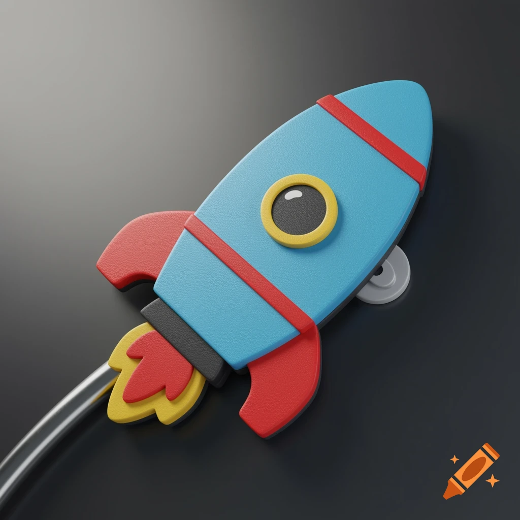 A blue, red, and yellow stylized rocket toy with an exhaust plume, rendered in a shiny, plastic texture on a dark background.