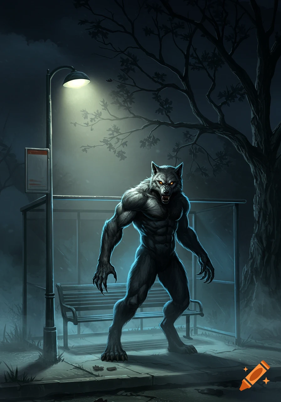 A muscular werewolf with glowing red eyes stands menacingly under a street light at a dark bus stop. Dark, illustrative fantasy art.