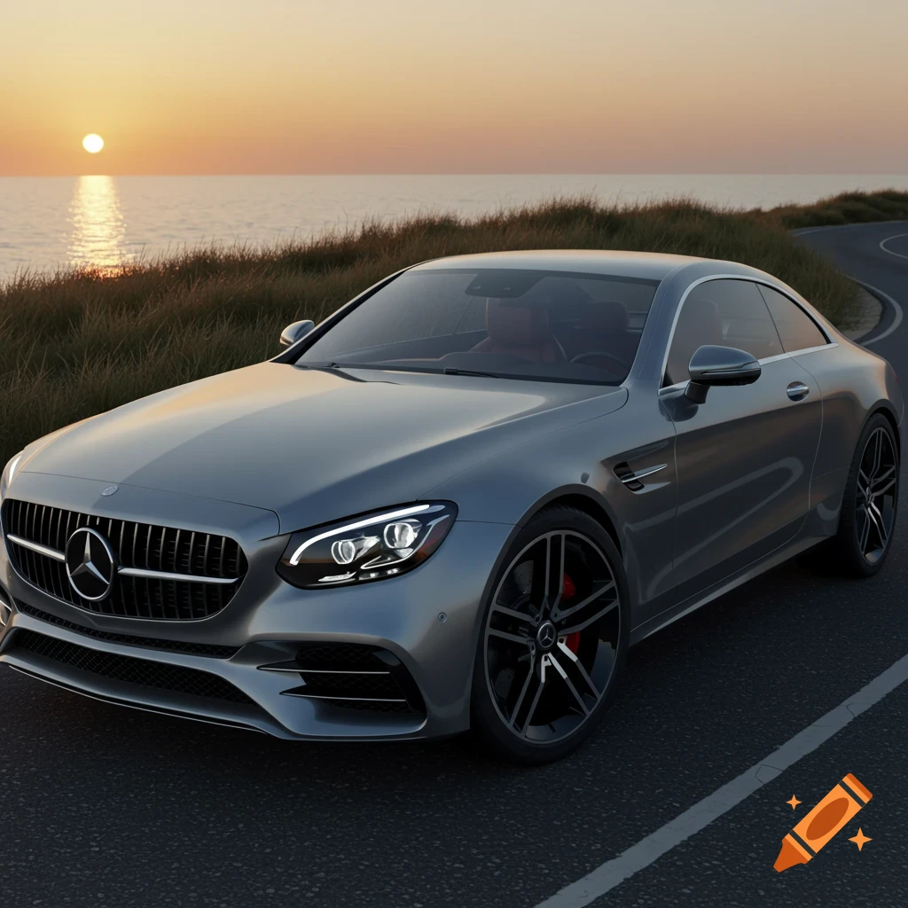 Silver Mercedes-Benz coupe on a winding coastal road at sunset.